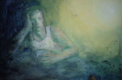 Gemälde in Mischtechnik eines Mannes am Tisch mit einer Tasse sitzend,
       Illustration des Liedes Schwarz zu blau von von Peter Fox